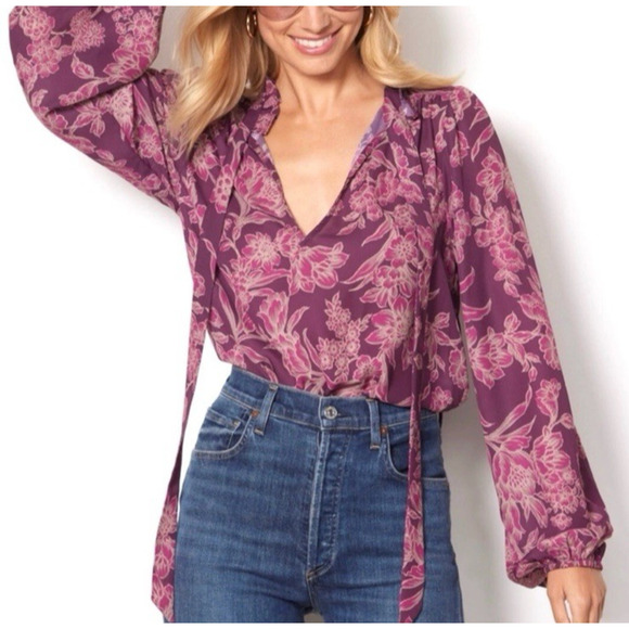 Evereve Mindie Tie Front Purple Floral Long Sleeve Blouse Ruffle Neck Sz M - Picture 1 of 16